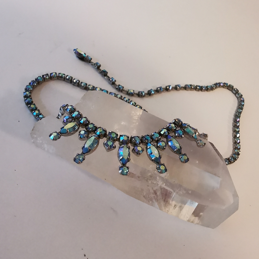 Vintage Sherman aurora borealis iridescent blue rhinestone necklace - Picture 1 of 7